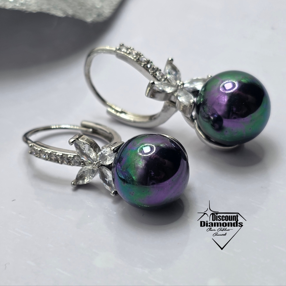 10mm Black Rainbow South Sea Shell Pearl & White Baguette Diamond Earrings 925 - Picture 5 of 12